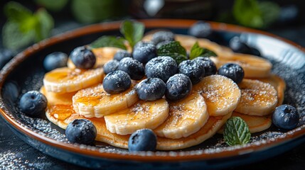 Top view An artistic composition of pancakes layered with slices of bananas and blueberries,...