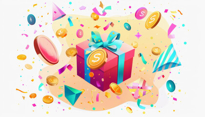 Obraz premium Colorful illustration of a gift box surrounded by coins, confetti, and party hats, suggesting a celebration with rewards, possibly representing a festive bonus or prize.