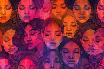 Obraz premium Collage of diverse women's faces in red and orange hues with serene expressions