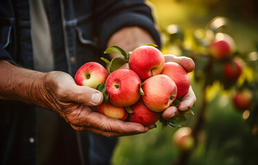 elderly farmer's hands picking apples over blurred garden backgr