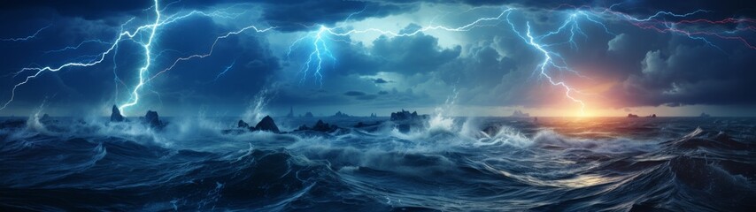 Dramatic stormy ocean landscape with lightning