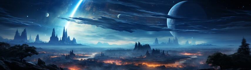 Futuristic alien landscape with glowing cities and planets