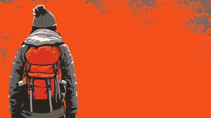   Person with backpack exits frame against orange backdrop, wall bears paint splatter