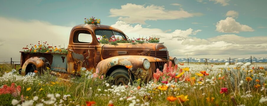 Vintage pickup blooming with wildflowers in meadow
