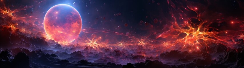 Fiery alien planet with glowing moon in the night sky