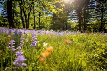 Vibrant forest scene with blooming wildflowers