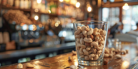 The image features a glass of mixed nuts on a bar counter, offering a savory snack option for patrons enjoying drinks in a cozy pub setting.