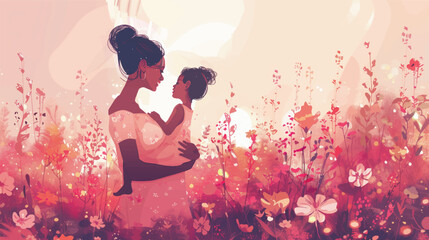 black mother hugging her daughter background pink flowers vector