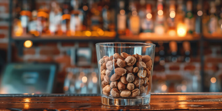 The image features a glass of mixed nuts on a bar counter, offering a savory snack option for patrons enjoying drinks in a cozy pub setting.