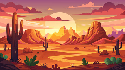 Wild Western Texas desert sunset with mountains and cactus in flat cartoon style vector. Sunset desert landscape. 