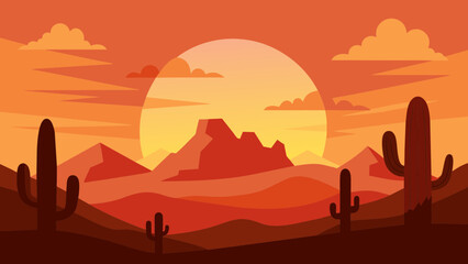 Naklejka premium Wild Western Texas desert sunset with mountains and cactus in flat cartoon style vector. Sunset desert landscape. 