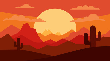 Wild Western Texas desert sunset with mountains and cactus in flat cartoon style vector. Sunset desert landscape. 