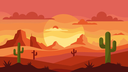 Wild Western Texas desert sunset with mountains and cactus in flat cartoon style vector. Sunset desert landscape. 