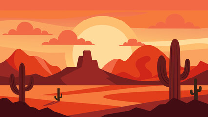 Wild Western Texas desert sunset with mountains and cactus in flat cartoon style vector. Sunset desert landscape. 