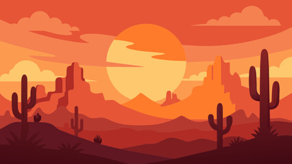 Wild Western Texas desert sunset with mountains and cactus in flat cartoon style vector. Sunset desert landscape. 