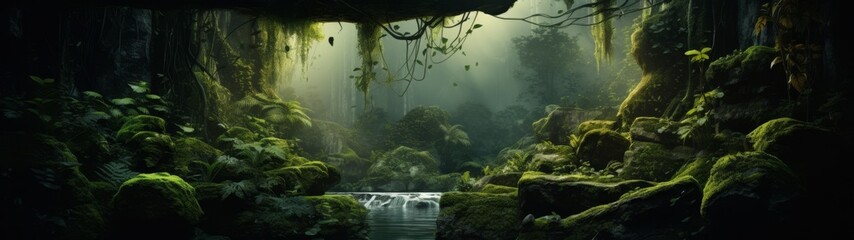 Lush tropical rainforest landscape with waterfall