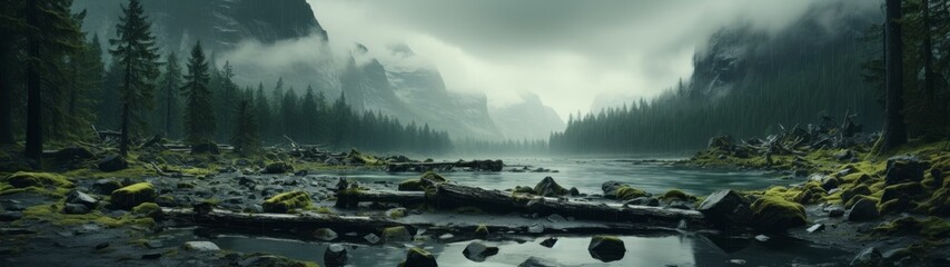 Serene misty forest landscape with lake and rocks - Powered by Adobe