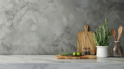 Minimalist grey backdrop with marble, limestone, granite slabs, wooden plank, cutting board, rosemary, pepper, and decor items, illustrating a kitchen interior design concept.