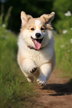 Playful white dog running on a dirt path