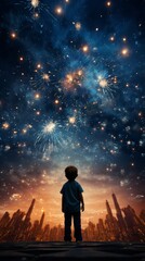 Silhouette of a child watching fireworks over a futuristic city