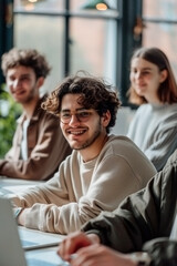 Obraz premium A group of young people are sitting around a table with a laptop open