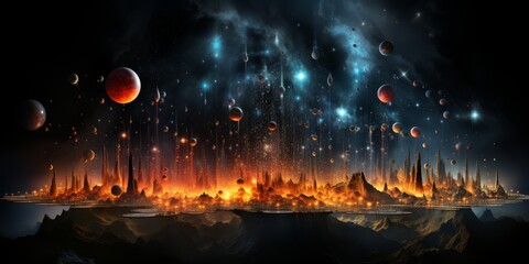 Fototapeta premium Futuristic alien landscape with glowing cities and planets