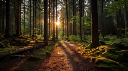 Enchanting forest path at sunset