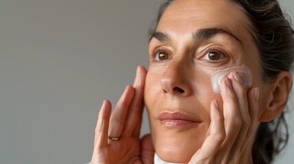 Woman Applying Skincare Cream to Face in Morning Routine at Home. Generative AI