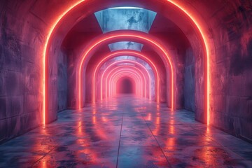 Fototapeta premium An enticing image of a red-lit tunnel with sequential arches creating a deep perspective It gives a sense of intrigue and endlessness