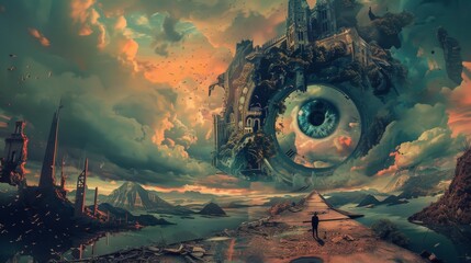 A surreal landscape with a large eye in the middle of it. The eye is surrounded by mountains and a road. The sky is cloudy and the atmosphere is mysterious