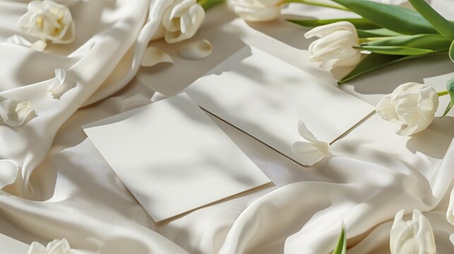 Two white postcards with small white tulips and flower petals around on a baige background.