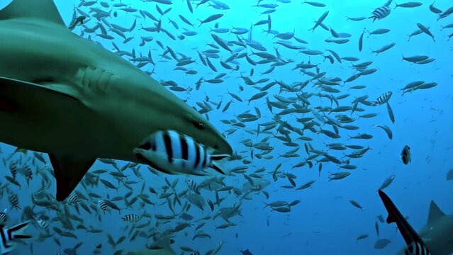 A shark is swimming in a school of fish. The shark is surrounded by many fish, and it is the only one that is not swimming with the others