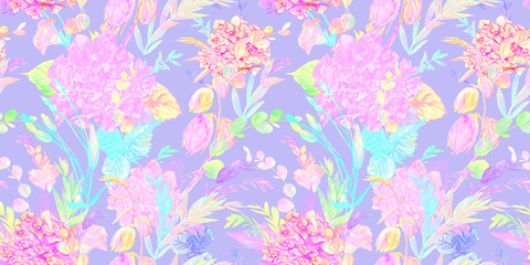 Abstract botanical summer pattern layered mix of flowers and herbs silhouettes for textile