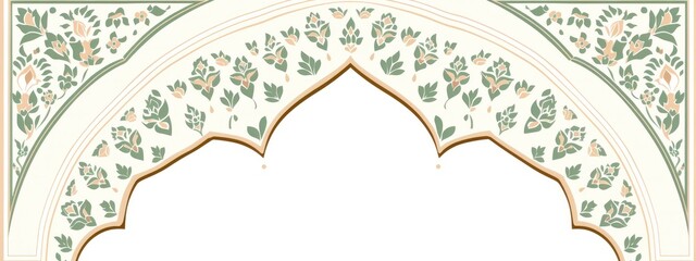 A simple Islamic pattern in the shape of an arch, light green and beige colors with floral patterns. combining traditional Ramadan elements with modern aesthetics in traditional Islamic artist.
