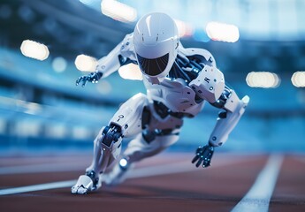 Advanced Robot Sprinting on a Stadium Track in Daylight During a Technology Exhibition. Generative AI