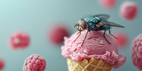 A macro close up of a vanilla ice cream waffle cone with a large fly sitting on top, surrounded by raspberries on a blue background, illustrating the unhygienic aspect of insects on food.