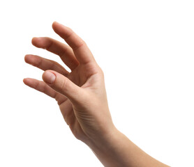 Woman holding something in hand on white background, closeup