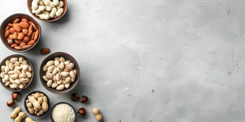 vertical view of an assortment of fruits and dried fruit on a worktop in a kitchen, space for...