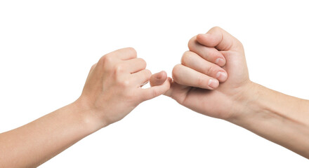 Man and woman holding little fingers together on white background, closeup