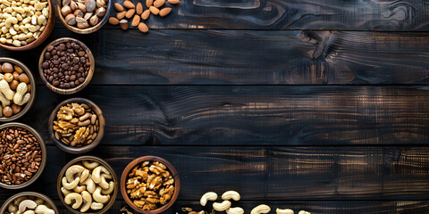 vertical view of an assortment of fruits and dried fruit on a worktop in a kitchen, space for copyboard