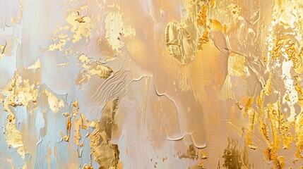 Modern art oil and acrylic smear blot canvas painting with gold, bronze, and beige color stain brushstroke texture.