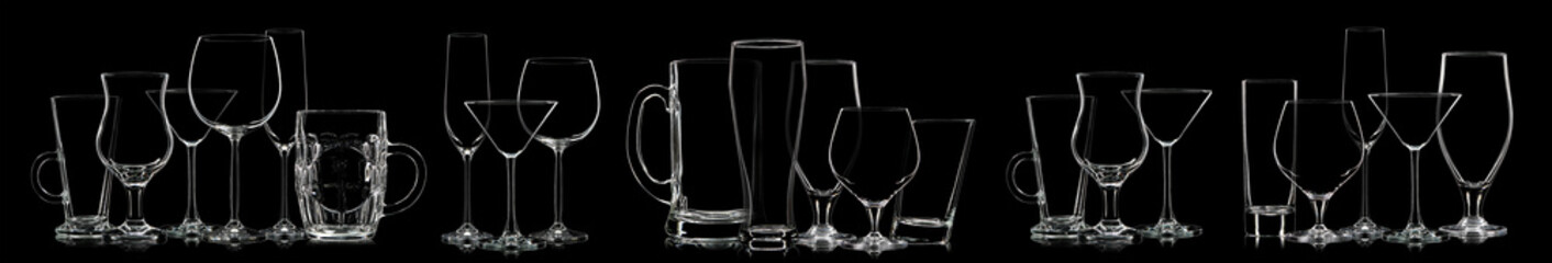 Silhouette of multicolor neon different glasses on black background