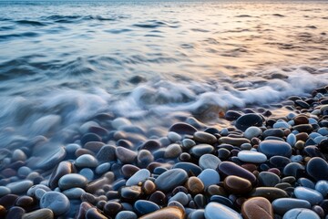Serene ocean waves lapping against pebbled shore at sunset