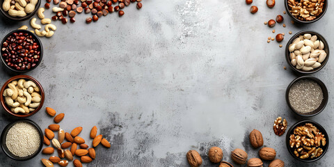 vue verticale d'un assortiment de fruits et fruit secs sur un plan de travail dans une cuisine, espace pour texte - obrazy, fototapety, plakaty