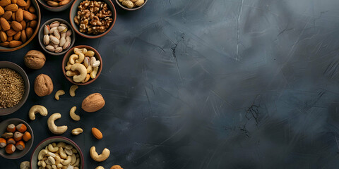 Naklejka premium vue verticale d'un assortiment de fruits et fruit secs sur un plan de travail dans une cuisine, espace pour texte