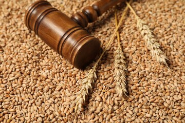Wooden gavel and wheat ears on grains, closeup. Agricultural deal