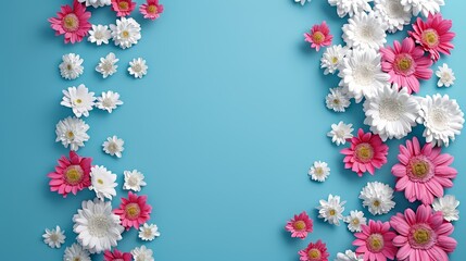   A blue backdrop featuring a cluster of pink and white blossoms, with an allotted space for text or an insertable image on a card