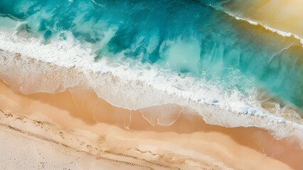 Obraz premium Aerial photograph of a picturesque coastline, where the azure ocean waters lap onto a pristine sandy beach. 
