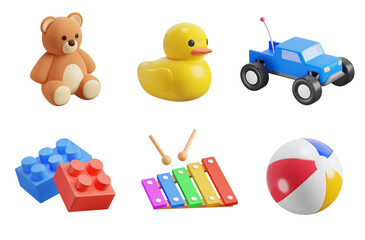 Children's toys, 3d icon set. Plush Bear, Rubber Duck, Remote-Control Car, Construction Blocks, Xylophone, Inflatable Rubber Ball. Playtime, Entertainment for kids. Objects on transparent background