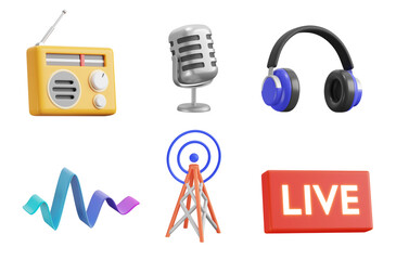 Radio, 3d icon set. Listening radio stations, fm wave. Microphone, Headphones, Sound FM Wave, Radio Tower, Live Recording. 3D object on a transparent background